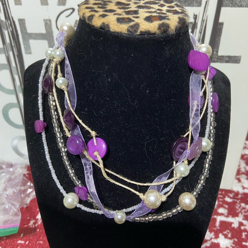 Cute Necklace Multi Strand Boho Purple Button Shell Faux Pearl Organza